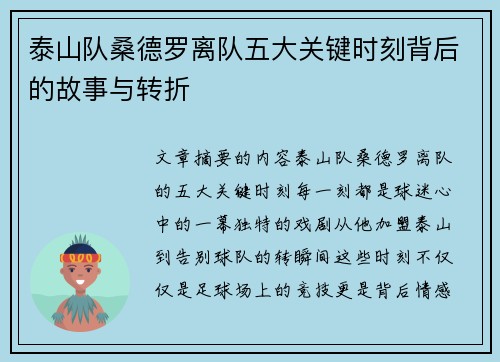 泰山队桑德罗离队五大关键时刻背后的故事与转折