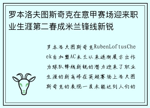 罗本洛夫图斯奇克在意甲赛场迎来职业生涯第二春成米兰锋线新锐 罗本洛夫图斯奇克在意甲赛场迎来职业生涯第二春成米兰锋线新锐