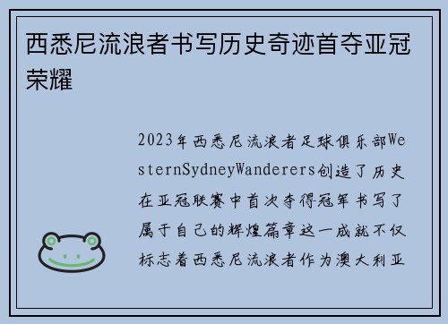 西悉尼流浪者书写历史奇迹首夺亚冠荣耀 西悉尼流浪者书写历史奇迹首夺亚冠荣耀