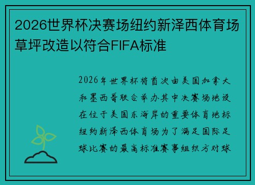 2026世界杯决赛场纽约新泽西体育场草坪改造以符合FIFA标准
